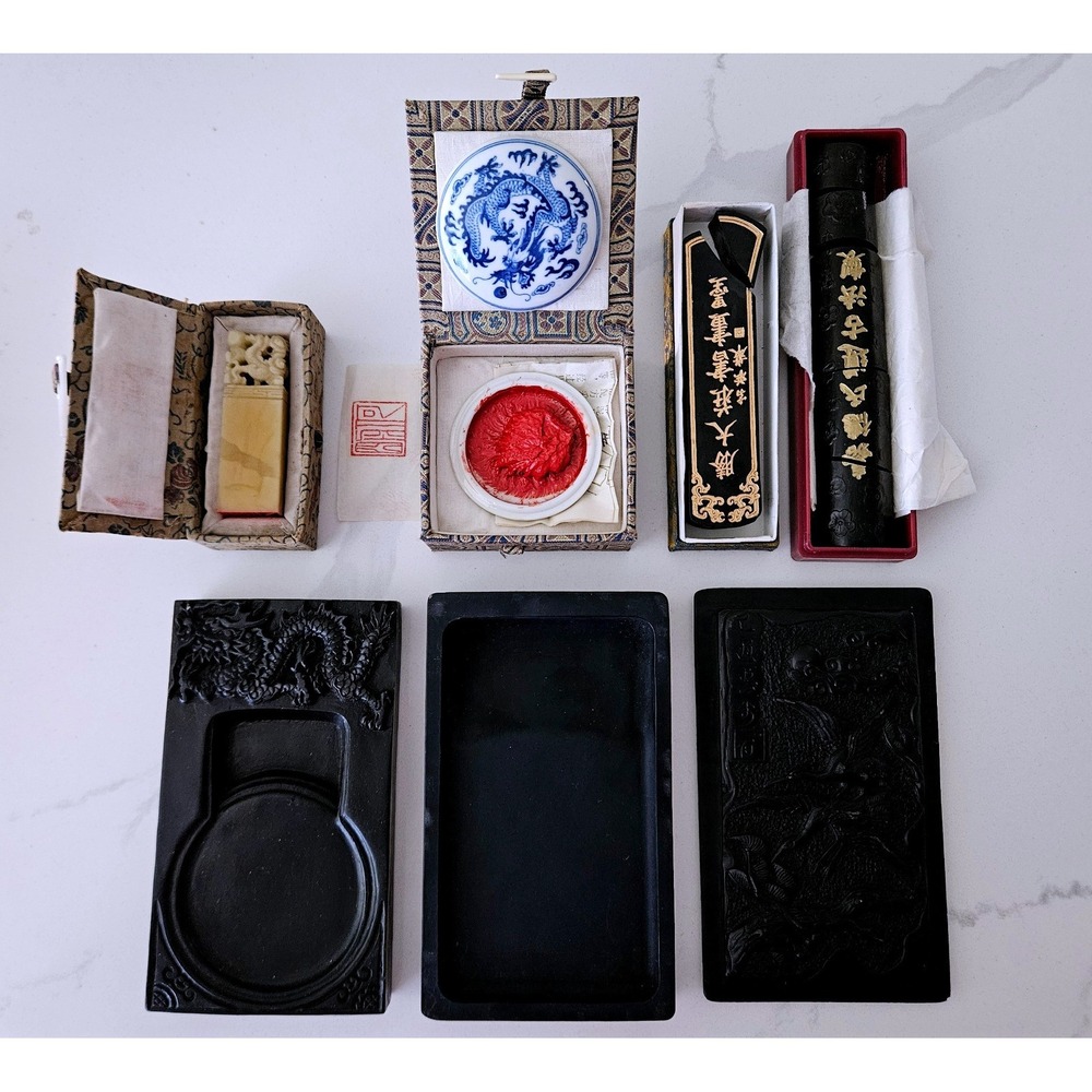 Vintage Chinese Calligraphy Set Dragon Soapstone Seal Ink Stone Sticks Multi